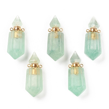 Faceted Natural Fluorite Pendants, Openable Perfume Bottle, with Golden Tone Brass Findings, 39~42x14~16x13~14mm, Hole: 2mm, capacity: 1ml(0.03 fl. oz)