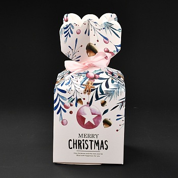 Christmas Theme Paper Fold Gift Boxes, with Ribbon, for Presents Candies Cookies Wrapping, White, Gingerbread Man Pattern, 8.8x8.8x18cm
