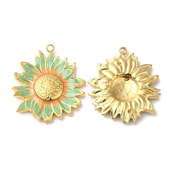 Real 18K Gold Plated 304 Stainless Steel Pendants, with Enamel, Flower Charm, Light Green, 23.5x20.5x3mm, Hole: 1.4mm