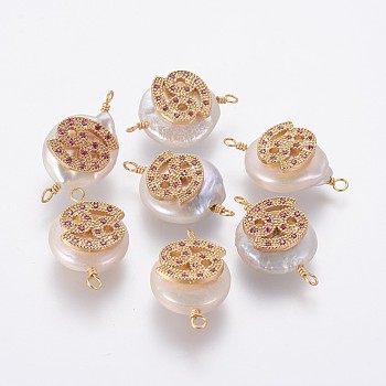 Natural Pearl Links connectors, with Brass Micro Pave Cubic Zirconia Findings, Flat Round with Constellation, Golden, Fuchsia, Cancer, 20~26x9~17x5~11mm, Hole: 1.6mm