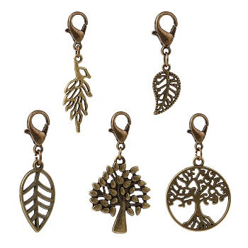5Pcs 5 Styles Autumn Leaf & Tree Alloy Pendants Decorations Set, with Iron Findings and Alloy Lobster Clasp, for Keychain, Purse, Backpack Ornament, Antique Bronze, 45mm, 1pc/style