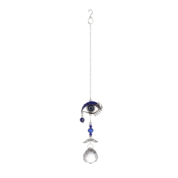 Alloy Eye Turkish Blue Evil Eye Pendant Decoration, with Crystal Ceiling Chandelier Ball Prisms, for Home Wall Hanging Amulet Ornament, Antique Silver, 305mm
