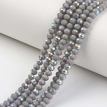 Electroplate Opaque Solid Color Glass Beads Strands, Half Rainbow Plated, Faceted, Rondelle, Gray, 10x8mm, Hole: 1mm, about 63~65pcs/strand, 19.2~20 inch(48~50cm)