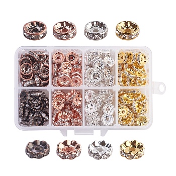 Brass Rhinestone Spacer Beads, Grade AAA, Wavy & Straight Flange, Rondelle, Mixed Color, 11x7x3cm, 25pcs/color, 200pcs/box