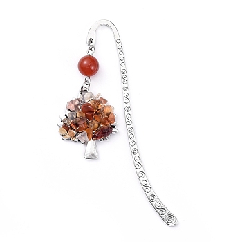 Tibetan Style Alloy Bookmarks, with Alloy Pendants and Natural Carnelian/Red Agate Beads, Tree, 84mm, Pendant: 28x23.5x6mm
