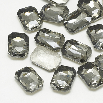 Pointed Back Glass Rhinestone Cabochons, Faceted, Rectangle Octagon, Black Diamond, 18x13x5mm