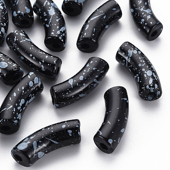 Opaque Spray Painted Acrylic Beads, Two Tone, Curved Tube, Black, 36x13.5x11.5mm, Hole: 4mm, about 148pcs/500g