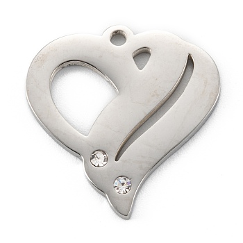 304 Stainless Steel Pendants, with Rhinestone, Heart, Stainless Steel Color, 23.5x22x1.4mm, Hole: 1.6mm