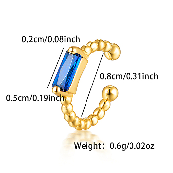 Rectangle Cubic Zirconia Cuff Earrings, Golden 925 Sterling Silver Non Piercing Earrings, Blue, Surface: 5x2mm