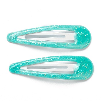 Cute Iron Snap Hair Clips, with Enamel and Powder, Teardrop, for Childern, Turquoise, 48.5x14x2mm