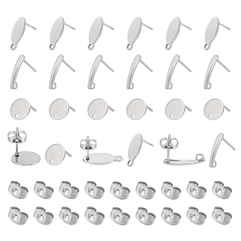 Unicraftale 60Pcs 3 Style 304 Stainless Steel Stud Earring Findings, with Loop and Flat Plate, with 40Pcs Ear Nuts/Earring Backs, Flat Round & Teardrop & Oval, Stainless Steel Color, 10~15.5x3~10x0.8mm, Hole: 1~1.6mm, Pin: 0.8mm, 20pcs/style