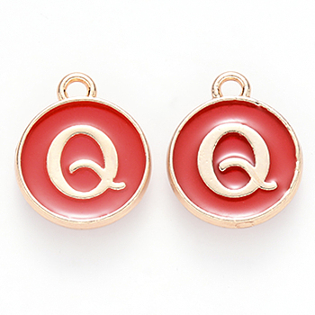 Golden Plated Alloy Enamel Charms, Cadmium Free & Lead Free, Enamelled Sequins, Flat Round with Letter, Red, Letter.Q, 14x12x2mm, Hole: 1.5mm