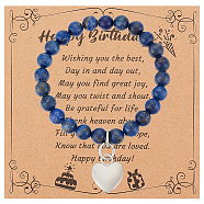Natural Lapis Lazuli Round Beaded Stretch Bracelet with Alloy Heart Charm, Gemstone Jewelry for Women, Inner Diameter: 2-1/8 inch(5.4cm), 1Pc/set(BJEW-OC0001-09D)