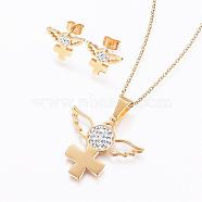 304 Stainless Steel Rhinestone Jewelry Sets, Pendant Necklaces and Stud Earrings, Golden, 17.7 inch(45cm), 11x15x2mm, pin: 0.8mm(SJEW-P136-06G)