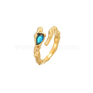 Golden Stainless Steel Open Cuff Ring, with Teardrop Glass, Blue, US Size 8(18.1mm)(OP8131-3)