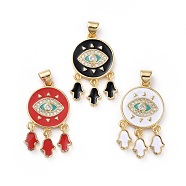 Brass Micro Pave Cubic Zirconia Pendants, with Enamel, Hamsa Hand and Flat Round with Eye, Golden, Mixed Color, 28x15x2mm, Hole: 3x4.5mm(KK-G363-22G)