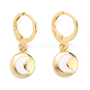 Brass Huggie Hoop Earrings, with Enamel, Flat Round with Moon, White, Real 18K Gold Plated, 25~26mm, Pin: 0.9mm(EJEW-JE04324-01)
