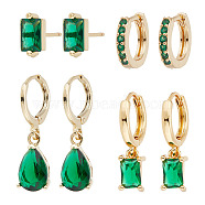 4 Pairs 4 Style Green Cubic Zirconia Teardrop Dangle Leverback Earrings & Rectangle Stud Earring & Hoop Earrings, Golden Alloy Jewelry for Women, Golden, 8~25.5mm, Pin: 0.7~0.9mm, 1 Pair/style(EJEW-AN0001-91)