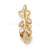 Brass Micro Pave Clear Cubic Zirconia Fold Over Clasps, Leaf, Real 18K Gold Plated, 30mm(KK-H480-22G)