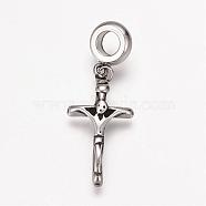 304 Stainless Steel European Dangle Charms, Large Hole Pendants, Crucifix Cross, For Easter, Antique Silver, 36mm, Hole: 5mm, Pendant: 26x13x3mm(OPDL-K001-06AS)