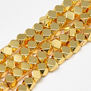 Electroplate Non-magnetic Synthetic Hematite Beads Strands, Polygon, Golden Plated, 4x4x4mm, Hole: 2mm, about 97pcs/strand, 15.7 inch(X-G-Q465-31G)