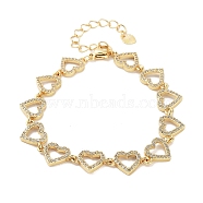 Rack Plating Brass Pave Clear Cubic Zirconia Heart Link Chain Bracelets for Women, Cadmium Free & Lead Free, Long-Lasting Plated, Real 18K Gold Plated, 6-5/8 inch(16.7cm)(BJEW-R317-12G)