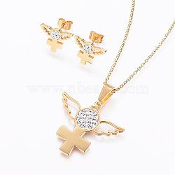 304 Stainless Steel Rhinestone Jewelry Sets, Pendant Necklaces and Stud Earrings, Golden, 17.7 inches(45cm); 11x15x2mm, pin: 0.8mm(SJEW-P136-06G)