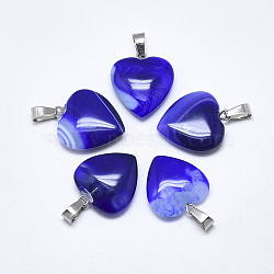 Natural Banded Agate/Striped Agate Pendants, Dyed, with Stainless Steel Snap On Bails, Heart, Stainless Steel Color, Blue, 22~24x20~21x5~7mm, Hole: 3~4x7~8.5mm(X-G-T122-24B)