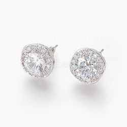 Cubic Zirconia Stud Earrings, with Brass Findings, Oval, Clear, Platinum, 12x12x7mm, Pin: 0.8mm(X-EJEW-P167-07P)
