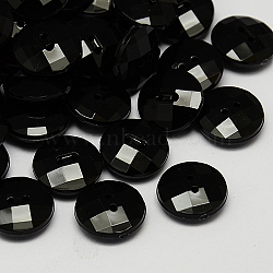 Taiwan Acrylic Buttons, Pearl Luster, Faceted, 2-Hole, Flat Round, Black, 15x5mm, Hole: 1mm(BUTT-F022-15mm-01)
