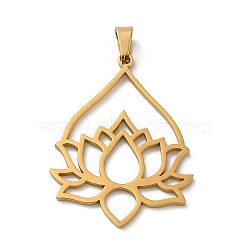 304 Stainless Steel Pendants, Laser Cut, Hollow Lotus Charm, Real 18K Gold Plated, 34x25x1mm, Hole: 6x3mm(STAS-O005-07G)