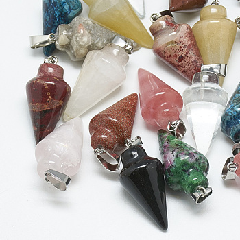 Natural & Synthetic Mixed Stone Pendants, with Stainless Steel Snap On Bails, Cone, 31~33x14~15mm, Hole: 6x4mm