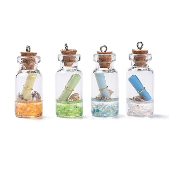 Glass Wishing Bottle Pendant Decorations, with Resin & Paper & Shell, with Cork Stopper and Iron Findings, Mixed Color, 40~42x16mm, Hole: 2mm.