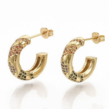 Brass Micro Pave Colorful Cubic Zirconia Stud Earrings, Half Hoop Earrings, with Earring Backs, Real 16K Gold Plated, 21x17x4.5mm, Pin: 0.7mm