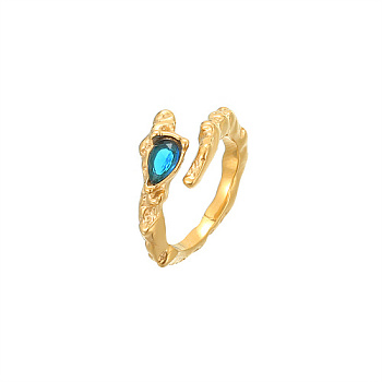 Golden Stainless Steel Open Cuff Ring, with Teardrop Glass, Blue, US Size 8(18.1mm)