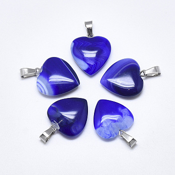 Natural Banded Agate/Striped Agate Pendants, Dyed, with Stainless Steel Snap On Bails, Heart, Stainless Steel Color, Blue, 22~24x20~21x5~7mm, Hole: 3~4x7~8.5mm