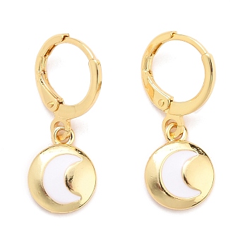 Brass Huggie Hoop Earrings, with Enamel, Flat Round with Moon, White, Real 18K Gold Plated, 25~26mm, Pin: 0.9mm