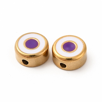 Eco-Friendly 304 Stainless Steel Beads, with Enamel, Flat Round with Evil Eye, Golden, Blue Violet, 8x4mm, Hole: 1.5mm