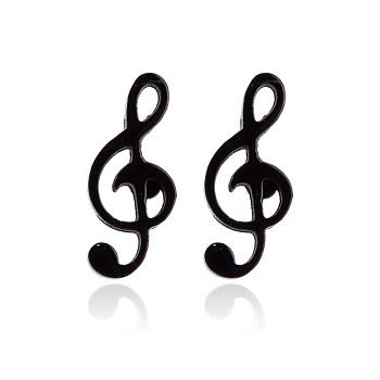 304 Stainless Steel Music Note Studs Earrings with 316 Stainless Steel Pins for Women, Electrophoresis Black, 9x4mm
