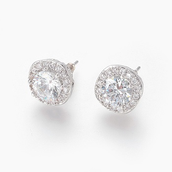 Cubic Zirconia Stud Earrings, with Brass Findings, Oval, Clear, Platinum, 12x12x7mm, Pin: 0.8mm