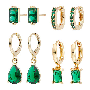 4 Pairs 4 Style Green Cubic Zirconia Teardrop Dangle Leverback Earrings & Rectangle Stud Earring & Hoop Earrings, Golden Alloy Jewelry for Women, Golden, 8~25.5mm, Pin: 0.7~0.9mm, 1 Pair/style