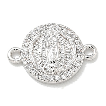 Rack Plating Brass Micro Pave Clear Cubic Zirconia Religion Virgin Mary Connector Charms, Long-Lasting Plated, Lead Free & Cadmium Free, Platinum, 12x17x2.8mm, Hole: 1.6mm