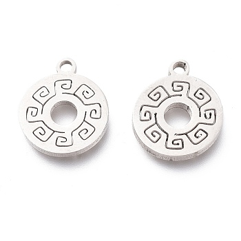 201 Stainless Steel Charms, Laser Cut, Flat Round with Greek Key Pattern, Stainless Steel Color, 12x10x1mm, Hole: 1.2mm