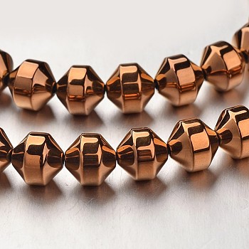 Electroplate Non-magnetic Synthetic Hematite Bead Strands, Bicone, Copper Plated, 6x6mm, Hole: 1mm, about 61pcs/strand, 15.7 inch