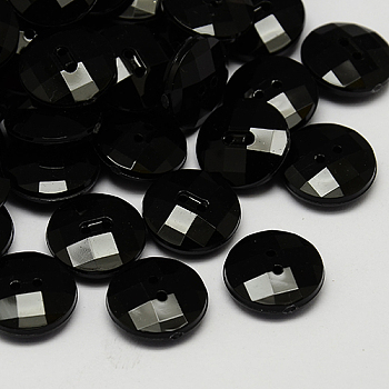 Taiwan Acrylic Buttons, Pearl Luster, Faceted, 2-Hole, Flat Round, Black, 15x5mm, Hole: 1mm