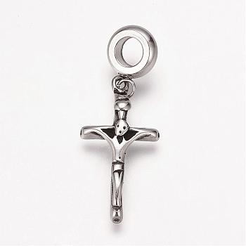 304 Stainless Steel European Dangle Charms, Large Hole Pendants, Crucifix Cross, For Easter, Antique Silver, 36mm, Hole: 5mm, Pendant: 26x13x3mm