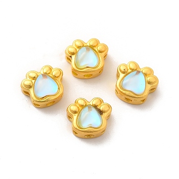 Alloy Beads, with Glass, Lead Free & Cadmium Free, Cat Paw Print, Matte Gold Color, 9.5x11.3x6.5mm, Hole: 1.2~1.8mm