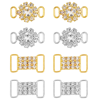 8Pcs 4 Styles Brass Crystal Rhinestone Connector Charms, Flower & Rectangle Links Ornament for Bikini Decoration, Golden & Silver, 25.7~26x15~16x3~6mm, Inner Diameter: 4~4.5x10~13mm, 2pcs/style