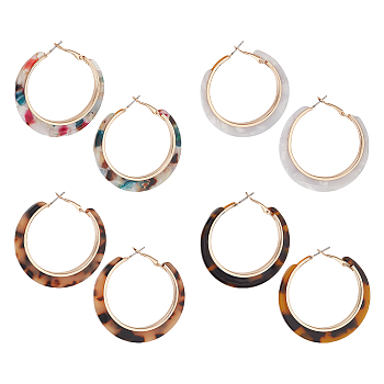 4 Pairs 4 Colors Cellulose Acetate(Resin) Hoop Earrings with Alloy Pins, Round Ring, Mixed Color, 46x4mm, 1 Pair/color