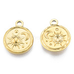 Ion Plating(IP) 201 Stainless Steel Pendants, Flat Round with Sun & Moon, Real 18K Gold Plated, 19x15.5x2.5mm, Hole: 2mm(X-STAS-N098-182LG)